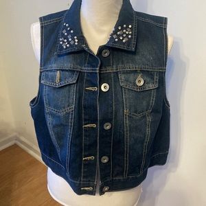 Bongo vintage 90s jean denim sleeveless vest with rhinestone/bead embellishment
